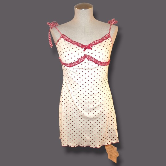 Lacemade Cheryl Mini Dress Red Polka Dot Pointelle Knit Coquette White Size S - Picture 5 of 9